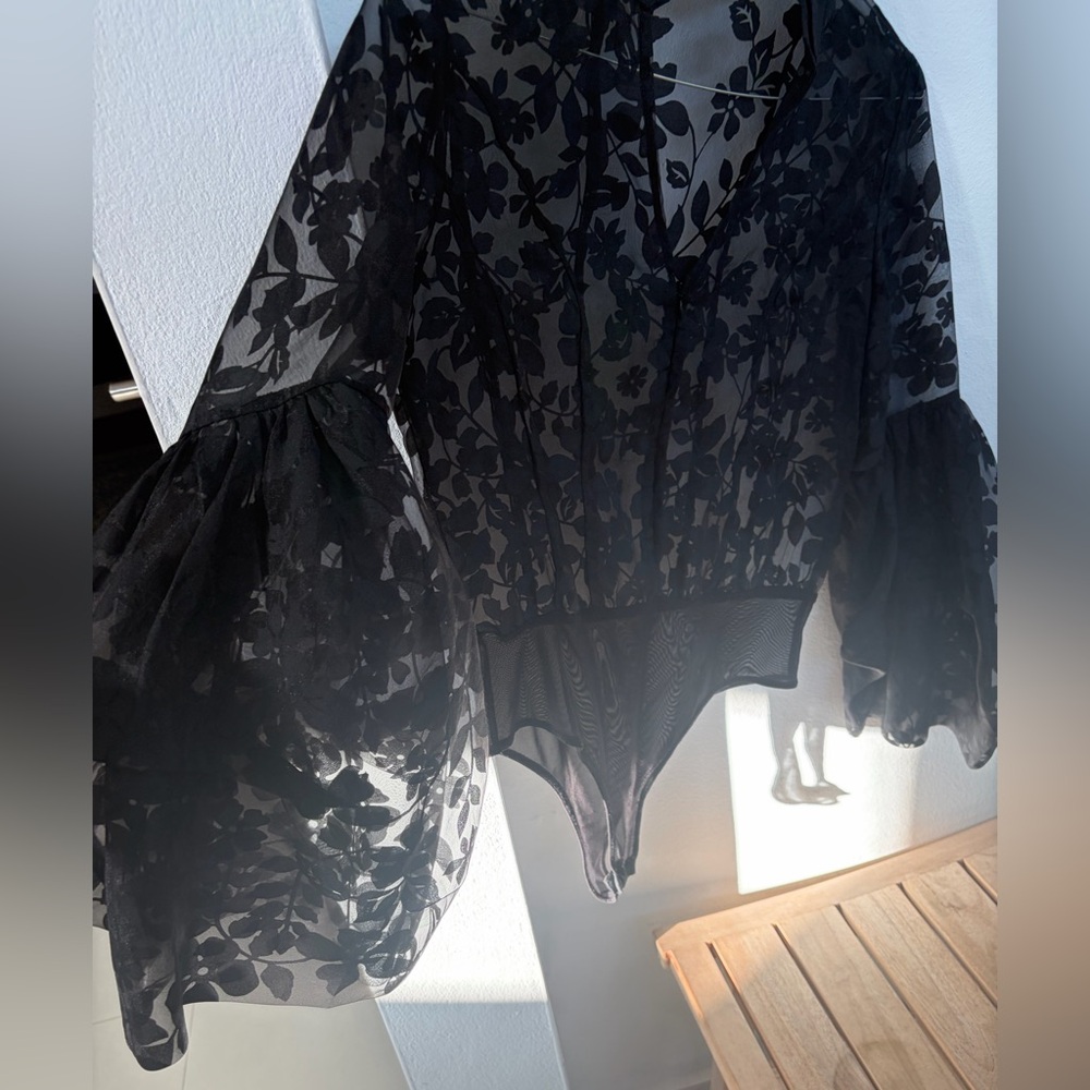 Boutique Organza Elegant Black Floral Sheer Women's blouse bodysuit - Picture 4 of 6
